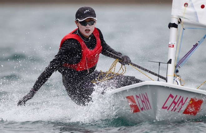 Lijia Xu winning Olympic Test event Laser Radial medal race ©  Clive Mason/Getty Images Europe)